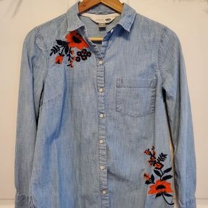 Embroidered Chambray Button Down Top